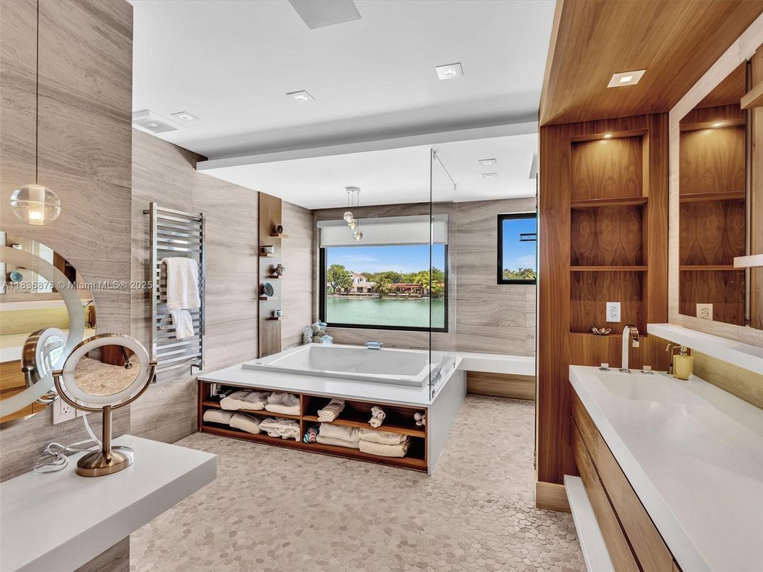 Bathroom, Dual Sink Vanities, Glass Shower, Interior, Pendant Lights, Recessed Lighting, Water, Wooden Walls