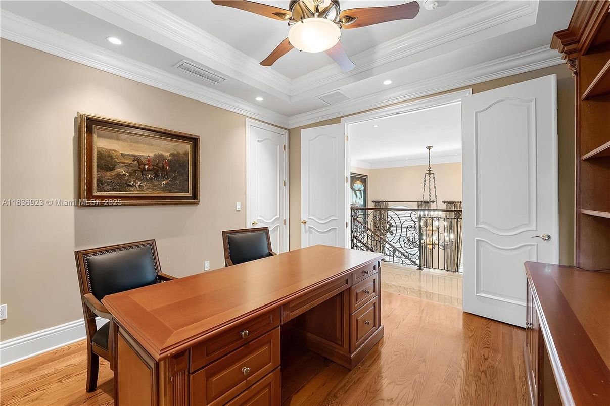 Chandelier, Home Office, Interior, Recessed Lighting, Wood Texture Flooring