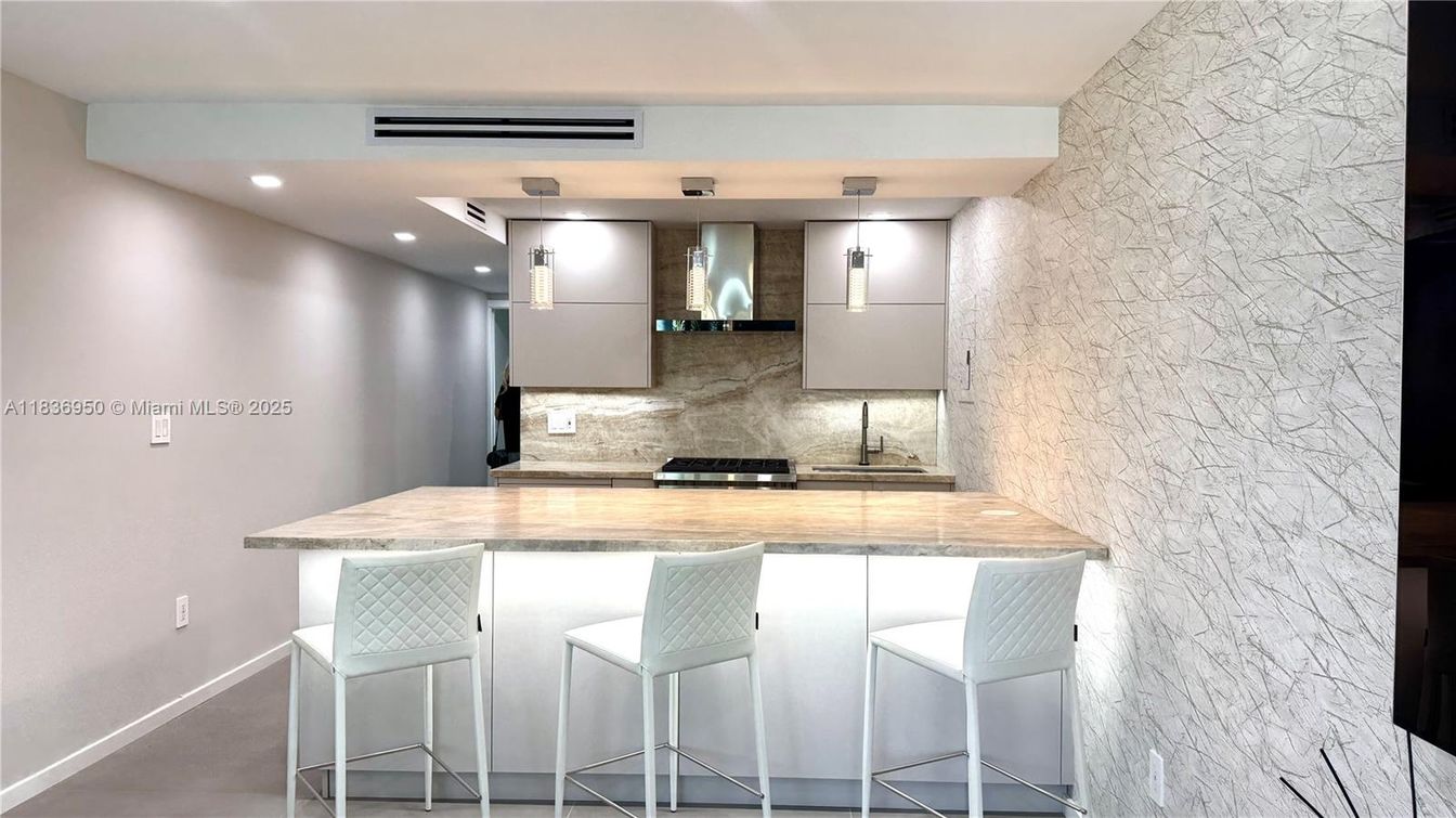 Interior, Kitchen, Recessed Lighting, Stone Walls