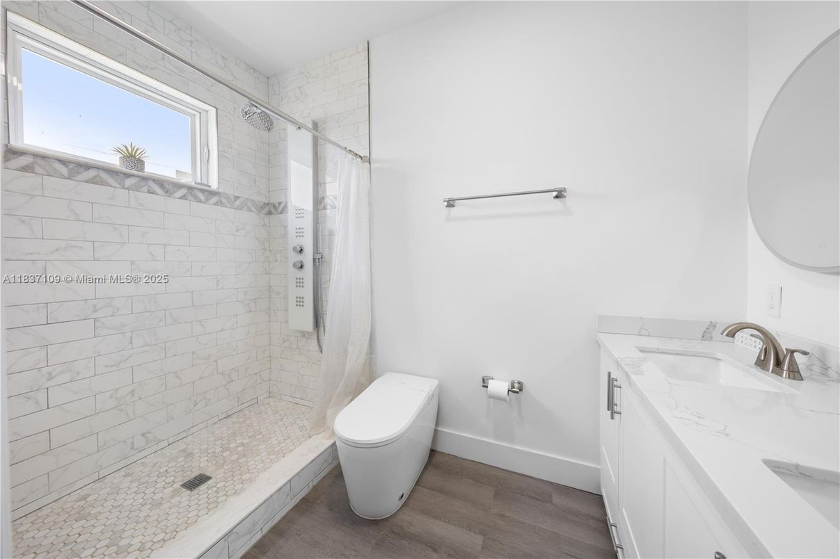 Bathroom, Interior, Marble Walls, Wood Texture Flooring