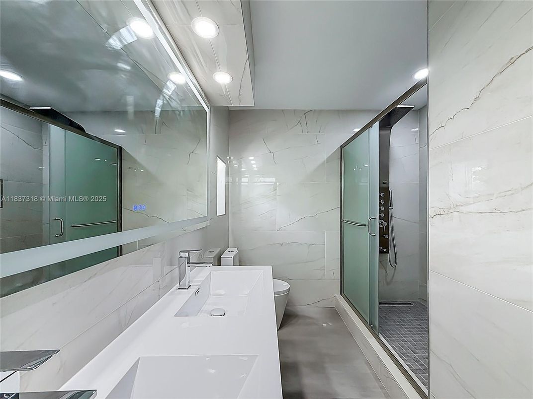 Bathroom, Glass Shower, Interior, Marble Walls, Recessed Lighting