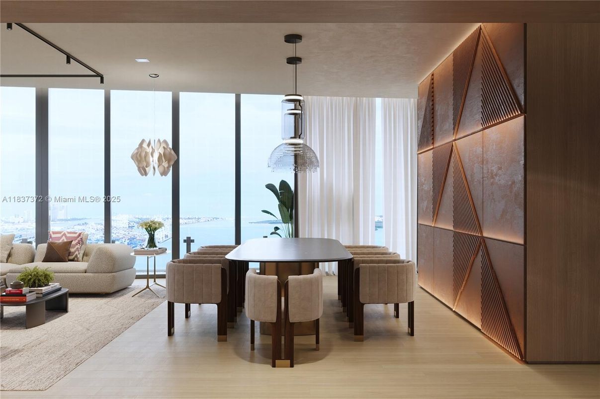 Dining room, Interior, Living room, Pendant Lights, Water, Wood Texture Flooring