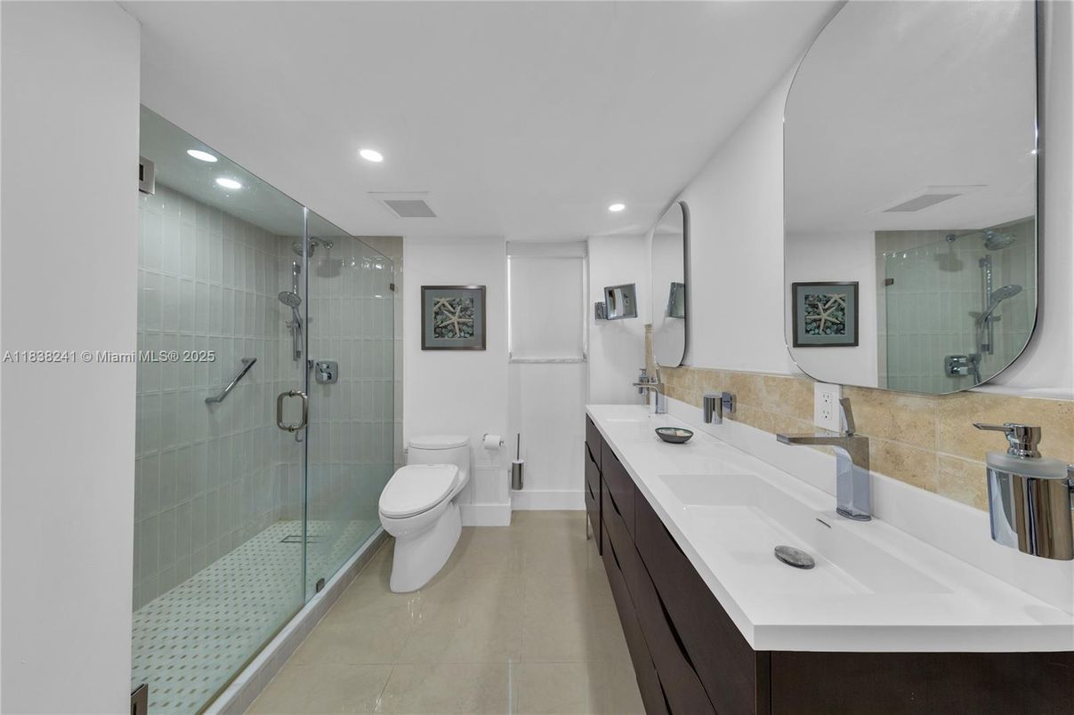 Bathroom, Dual Sink Vanities, Glass Shower, Interior, Recessed Lighting