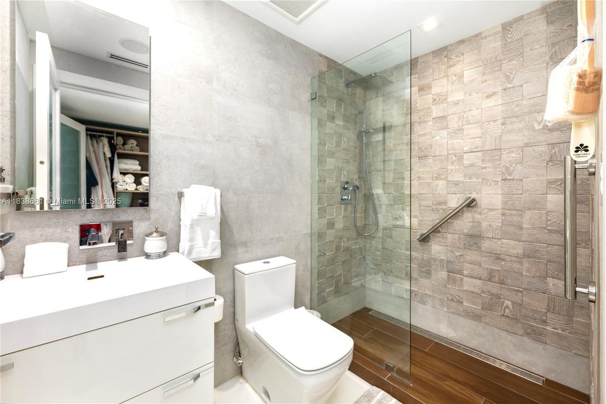 Bathroom, Glass Shower, Interior, Recessed Lighting, Stone Walls