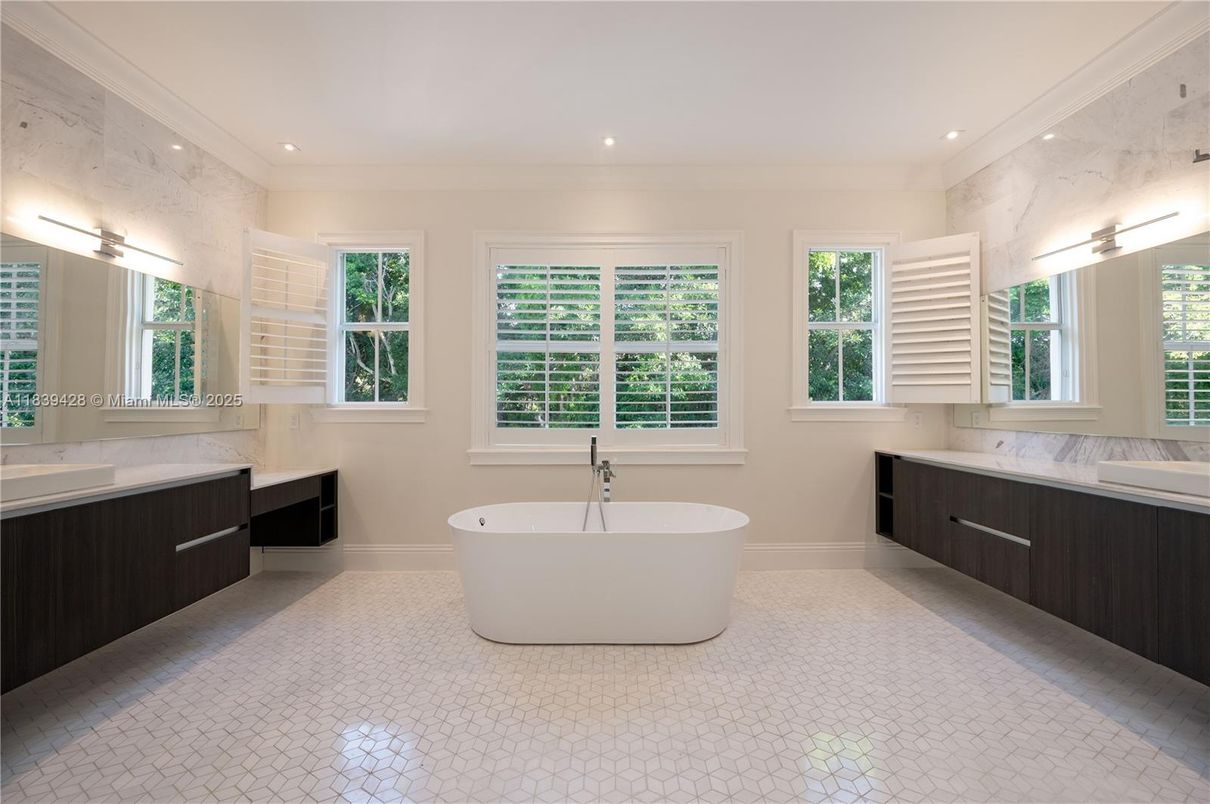 Bathroom, Dual Sink Vanities, Free Standing Baths, Interior, Marble Walls, Recessed Lighting