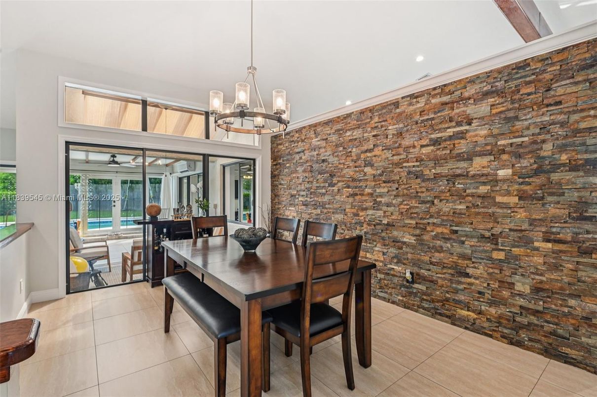 Chandelier, Dining room, Interior, Recessed Lighting, Stone Walls