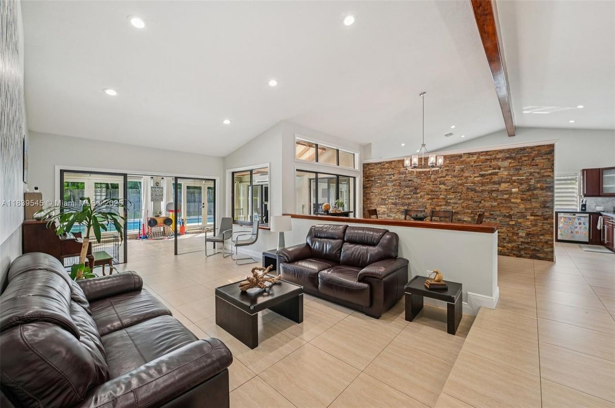Interior, Living room, Pendant Lights, Recessed Lighting, Stone Walls, Wooden Beams