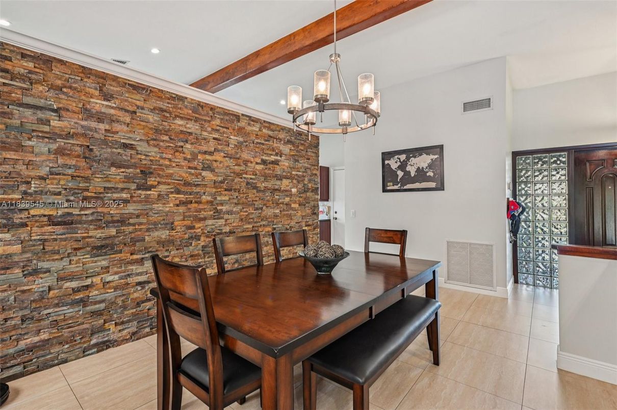 Chandelier, Dining room, Interior, Recessed Lighting, Stone Walls, Wooden Beams