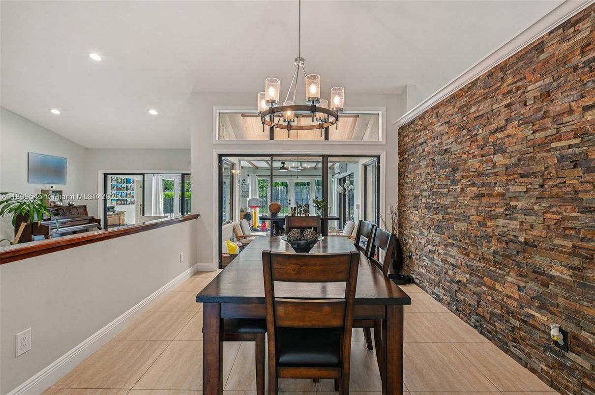 Chandelier, Dining room, Interior, Recessed Lighting, Stone Walls