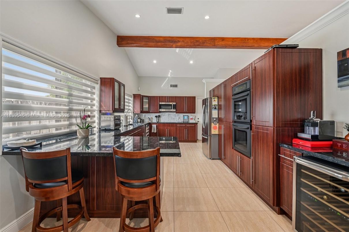 Interior, Kitchen, Recessed Lighting, Stainless Steel Appliances, Wooden Beams