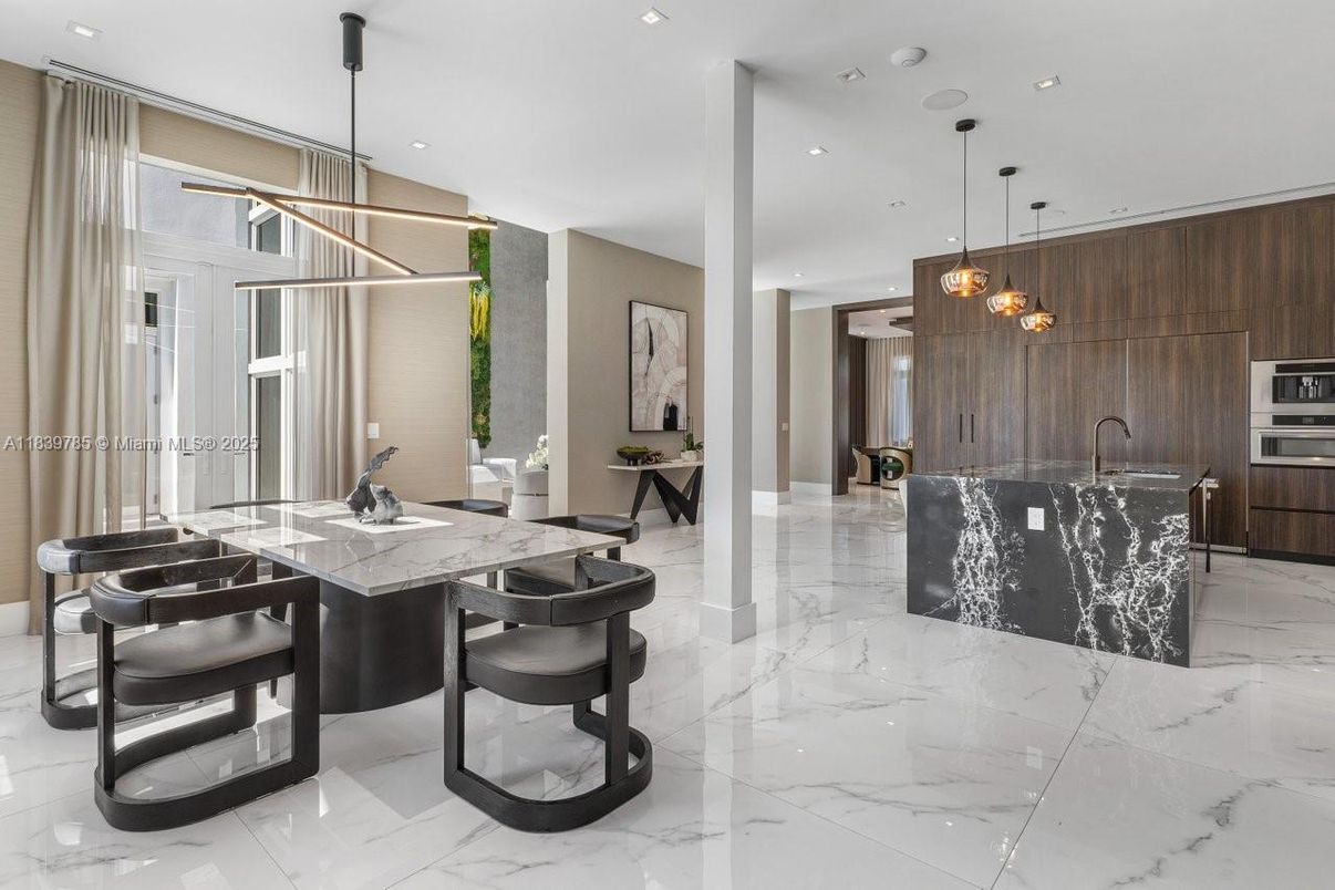Dining room, Interior, Kitchen, Marble, Pendant Lights, Recessed Lighting, Stainless Steel Appliances