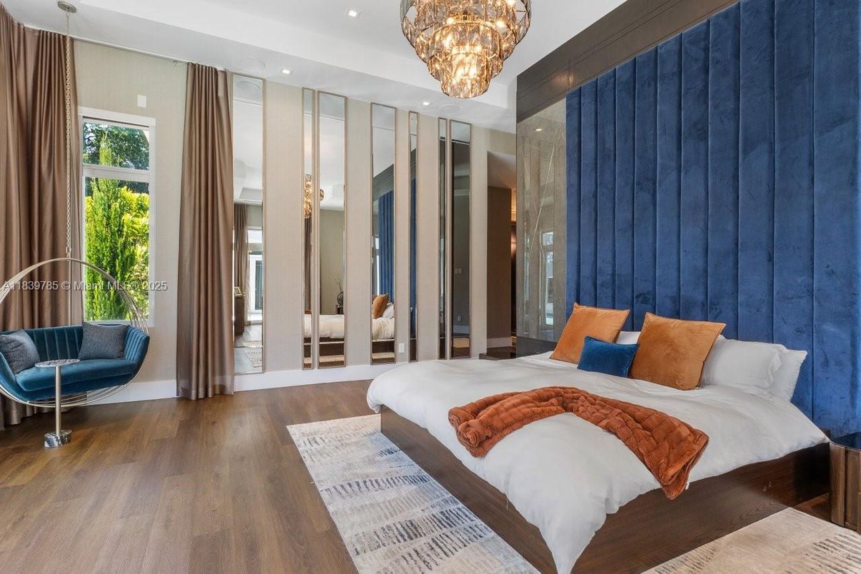 Bedroom, Chandelier, Interior, Recessed Lighting, Wood Texture Flooring