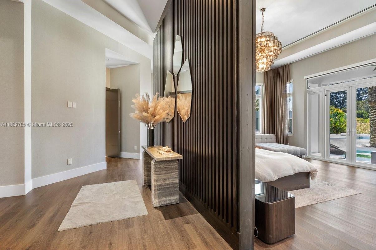 Bedroom, Chandelier, Interior, Wood Texture Flooring