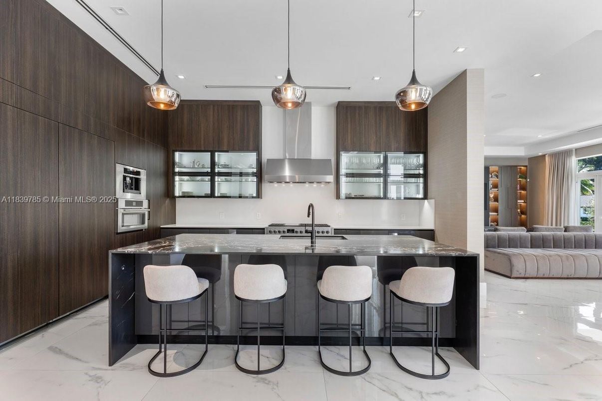 Interior, Kitchen, Marble, Pendant Lights, Recessed Lighting, Stainless Steel Appliances