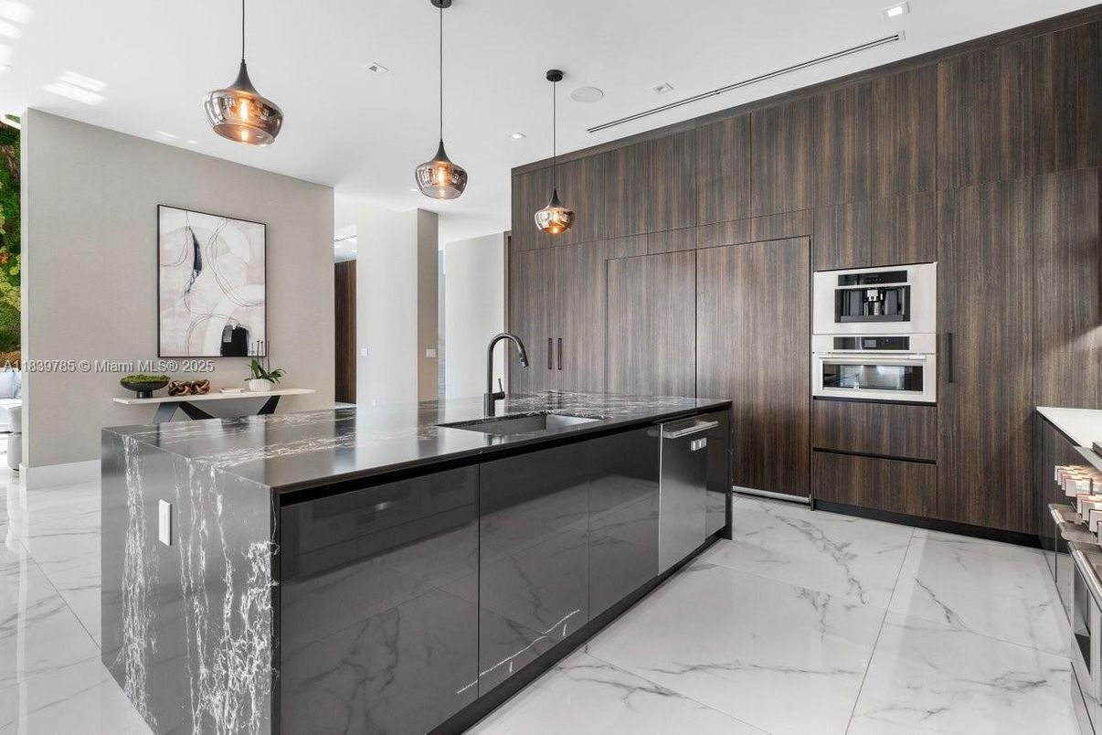 Interior, Kitchen, Marble, Pendant Lights, Recessed Lighting, Stainless Steel Appliances