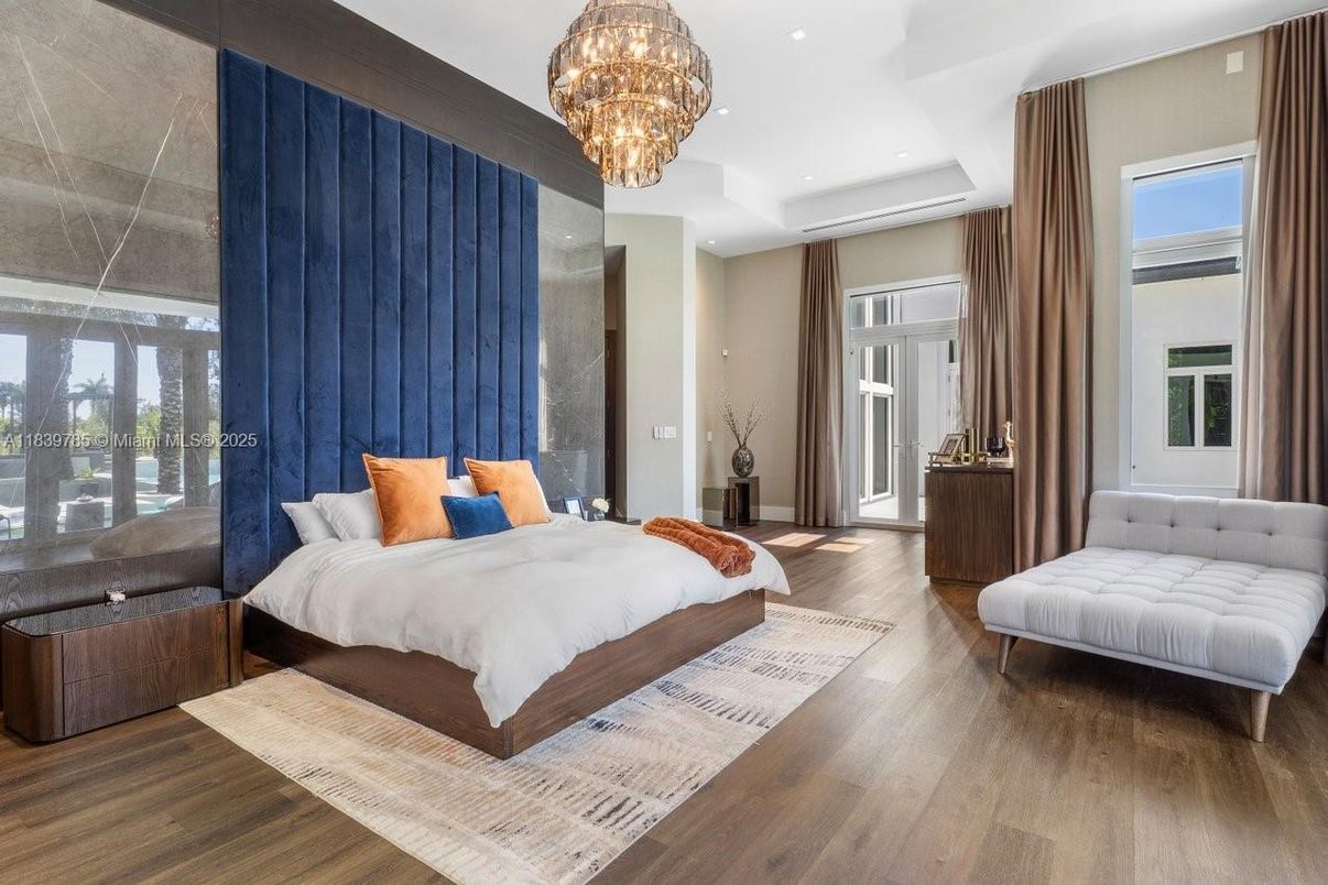 Bedroom, Chandelier, Interior, Recessed Lighting, Wood Texture Flooring