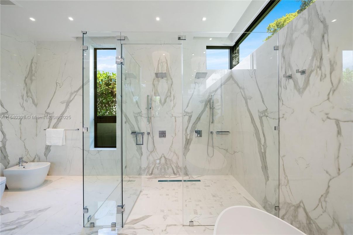 Bathroom, Free Standing Baths, Glass Shower, Interior, Marble, Marble Walls, Recessed Lighting