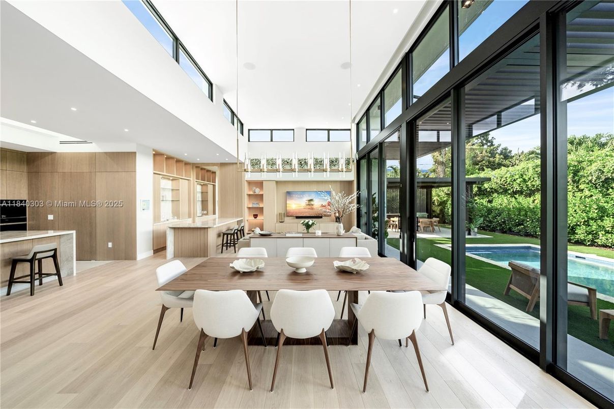 Dining room, Interior, Pendant Lights, Recessed Lighting, Wood Texture Flooring