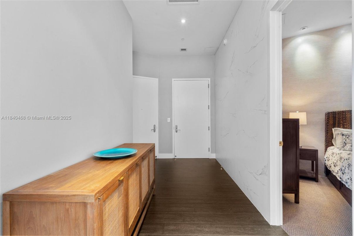 Interior, Marble Walls, Recessed Lighting, Wood Texture Flooring