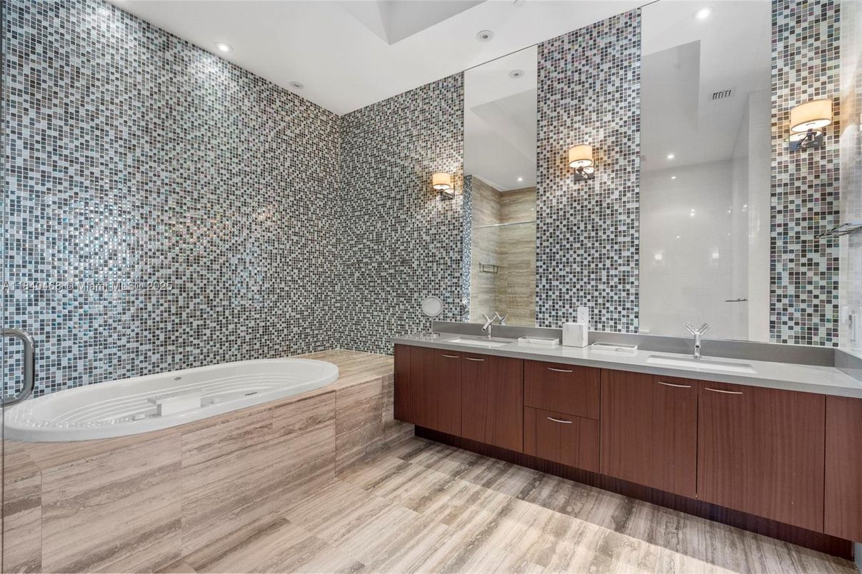 Bathroom, Dual Sink Vanities, Interior, Recessed Lighting, Wood Texture Flooring