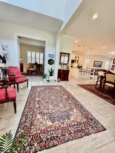 Dining room, Interior, Kitchen, Living room, Marble, Pendant Lights, Recessed Lighting
