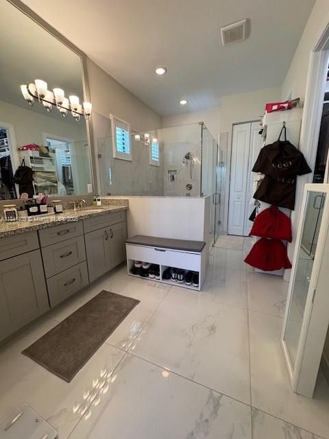 Bathroom, Dual Sink Vanities, Glass Shower, Interior, Marble, Recessed Lighting