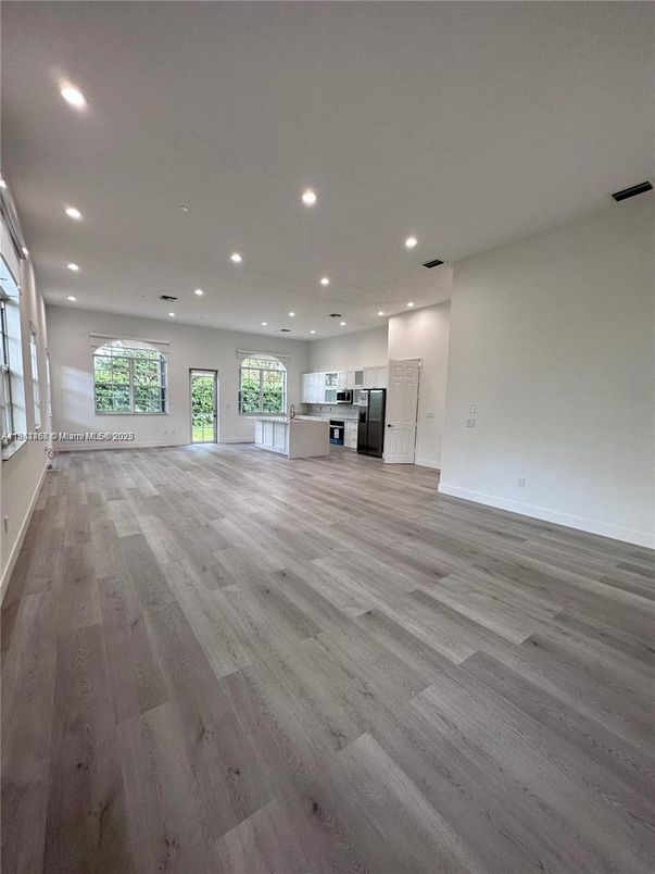 Empty room, Interior, Kitchen, Recessed Lighting, Wood Texture Flooring