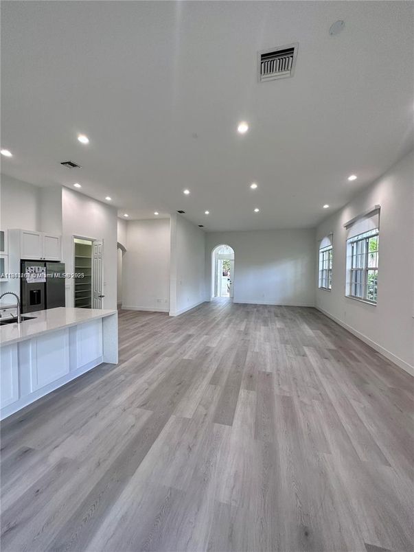 Empty room, Interior, Kitchen, Recessed Lighting, Wood Texture Flooring