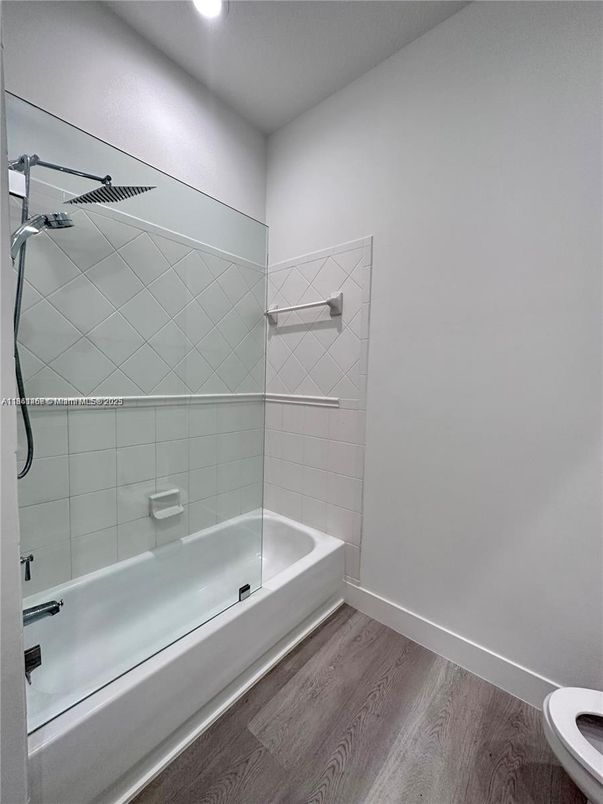 Bathroom, Glass Shower, Interior, Recessed Lighting, Wood Texture Flooring