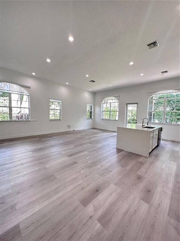 Empty room, Interior, Kitchen, Recessed Lighting, Wood Texture Flooring