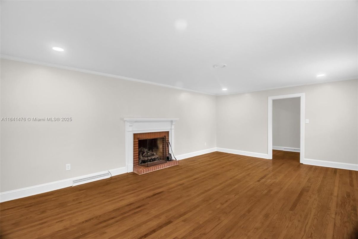 Empty room, Fireplace, Interior, Recessed Lighting, Wood Texture Flooring