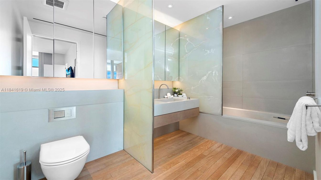 Bathroom, Glass Shower, Interior, Recessed Lighting, Wood Texture Flooring