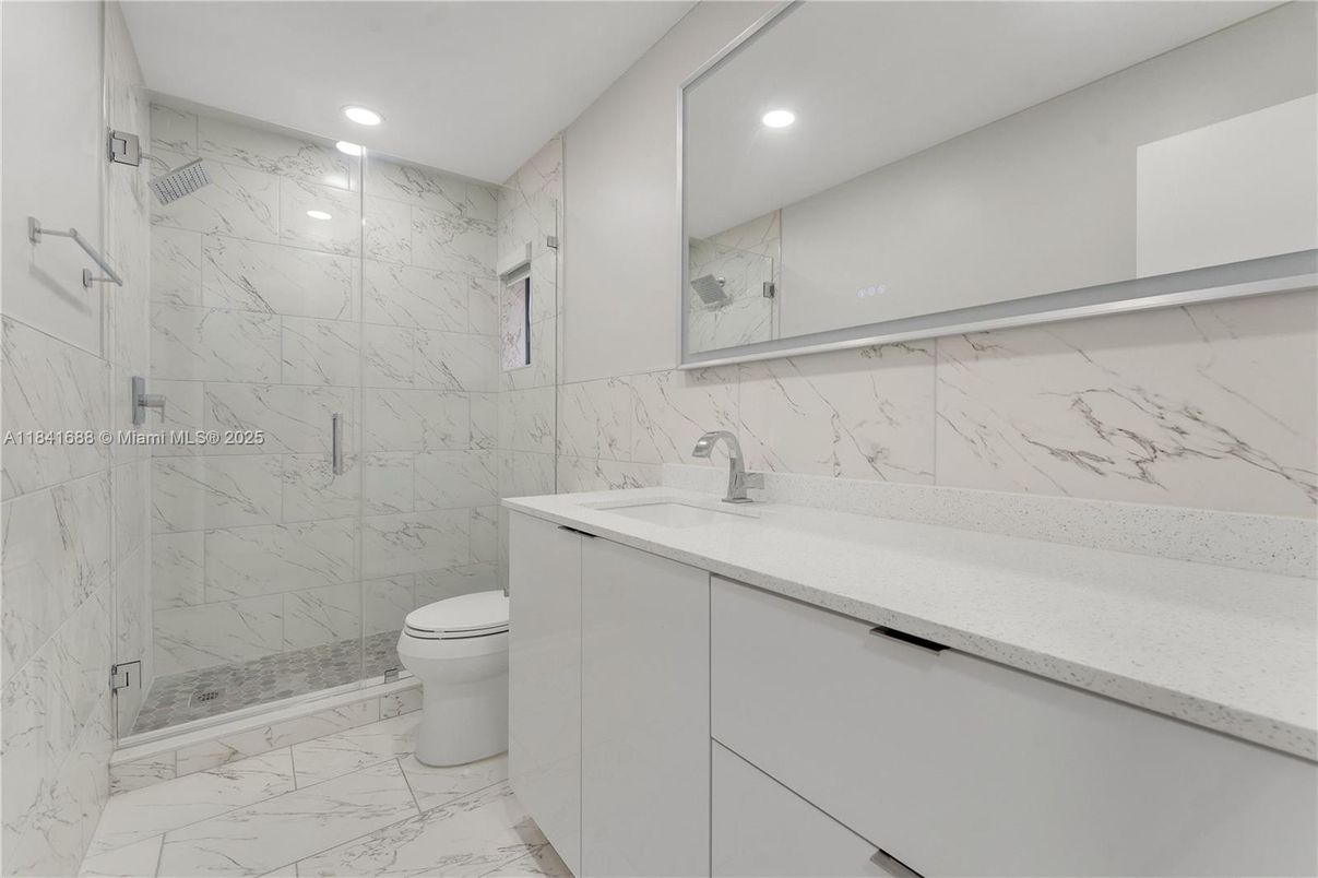 Bathroom, Glass Shower, Interior, Marble, Marble Walls, Recessed Lighting