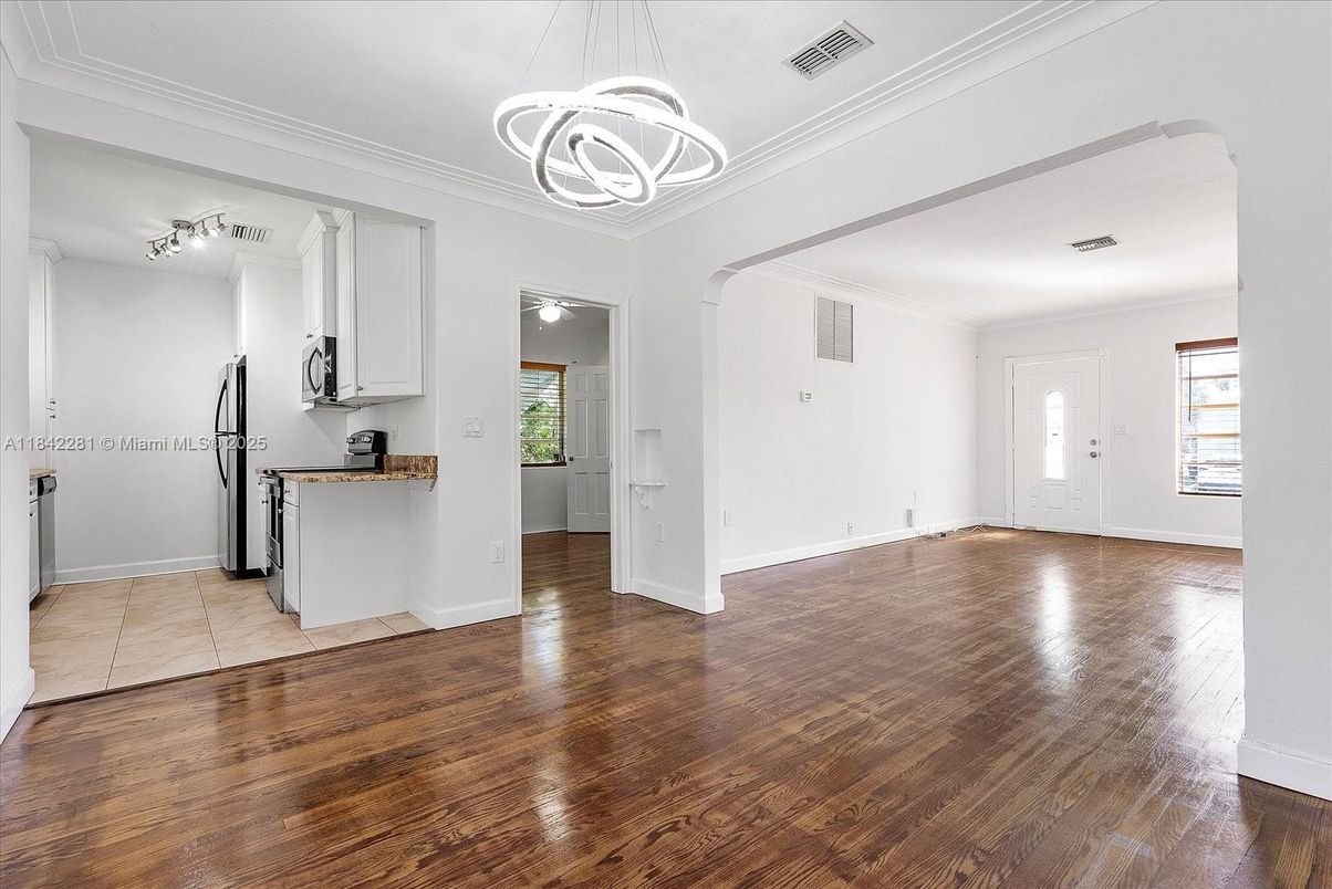 Empty room, Interior, Kitchen, Pendant Lights, Wood Texture Flooring