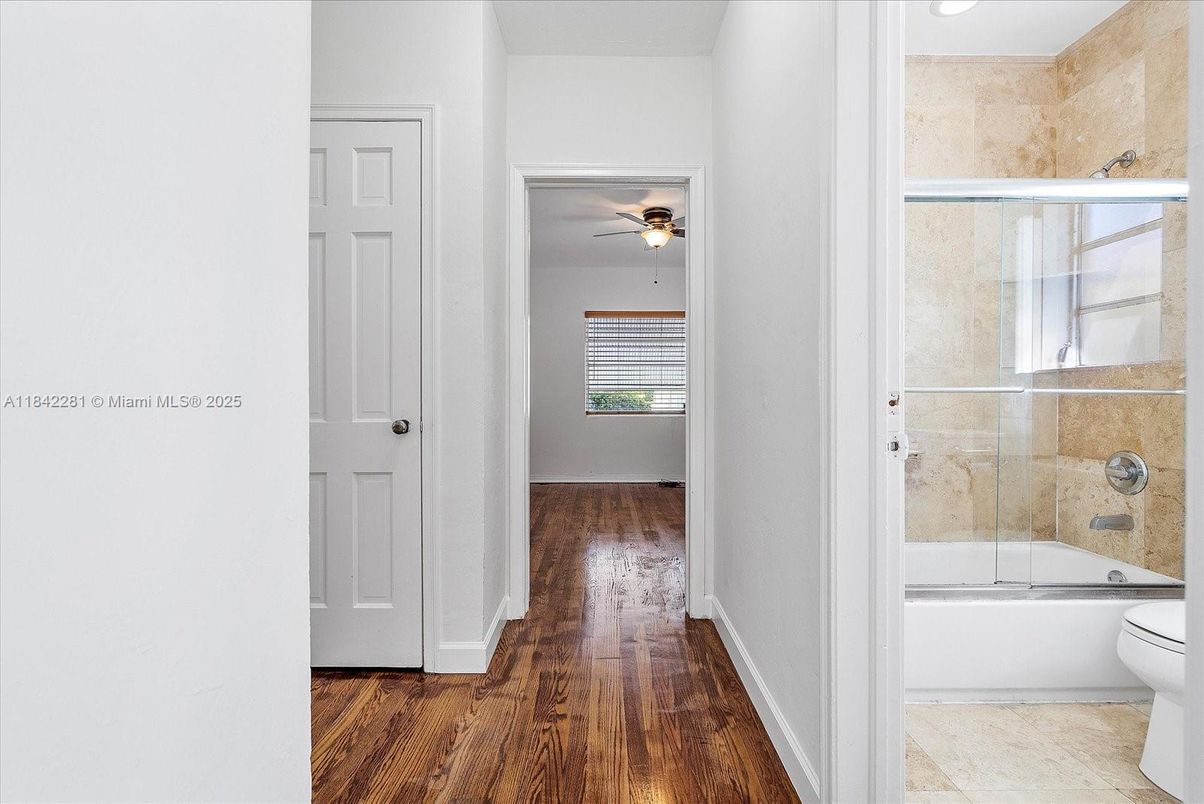 Bathroom, Glass Shower, Interior, Recessed Lighting, Wood Texture Flooring