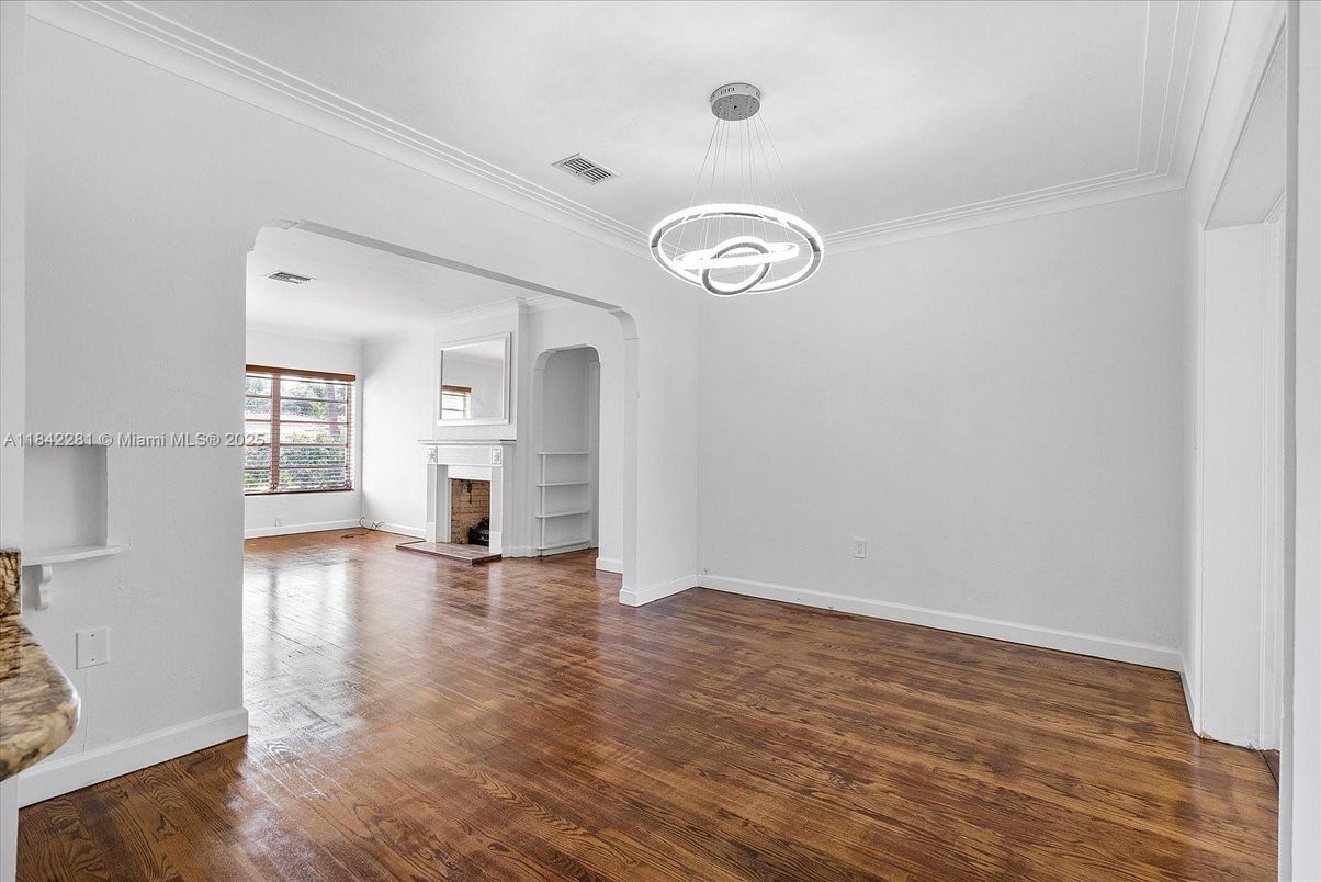 Empty room, Fireplace, Interior, Pendant Lights, Wood Texture Flooring