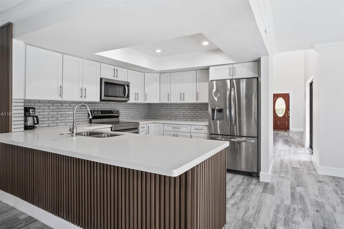 Interior, Kitchen, Recessed Lighting, Stainless Steel Appliances, Wood Texture Flooring
