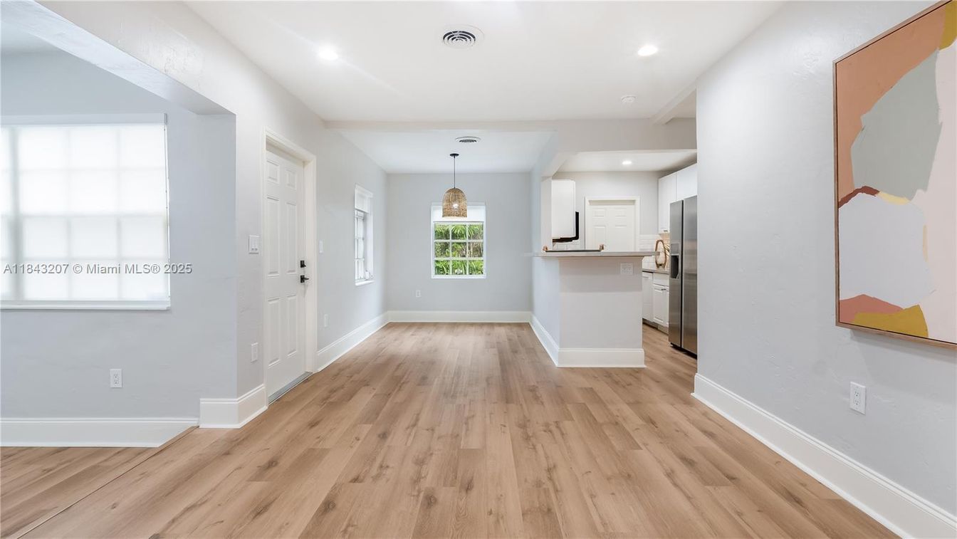 Empty room, Interior, Kitchen, Pendant Lights, Recessed Lighting, Wood Texture Flooring