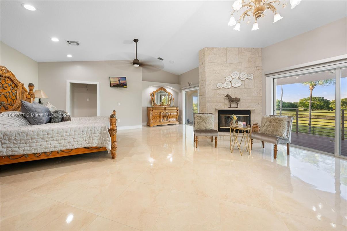 Bedroom, Fireplace, Interior, Recessed Lighting, Stone Walls