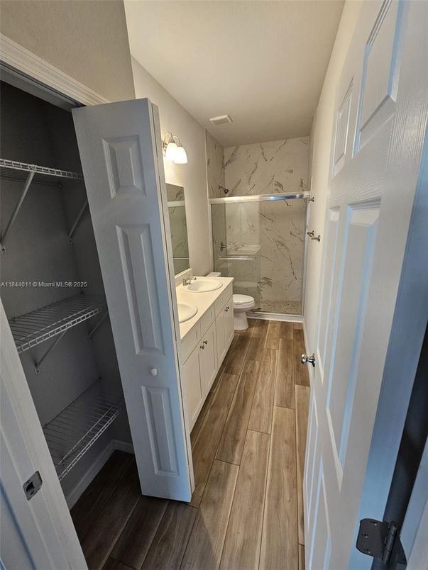 Bathroom, Interior, Marble Walls, Wood Texture Flooring