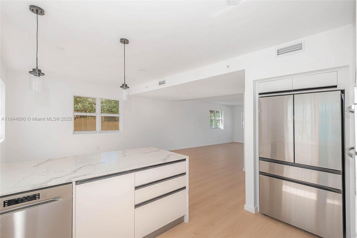 Interior, Kitchen, Pendant Lights, Stainless Steel Appliances, Wood Texture Flooring
