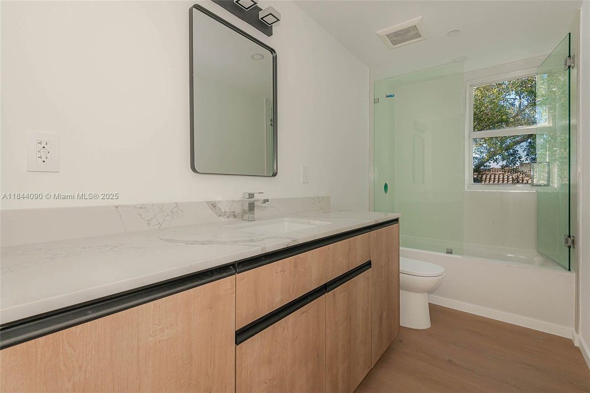 Bathroom, Glass Shower, Interior, Wood Texture Flooring