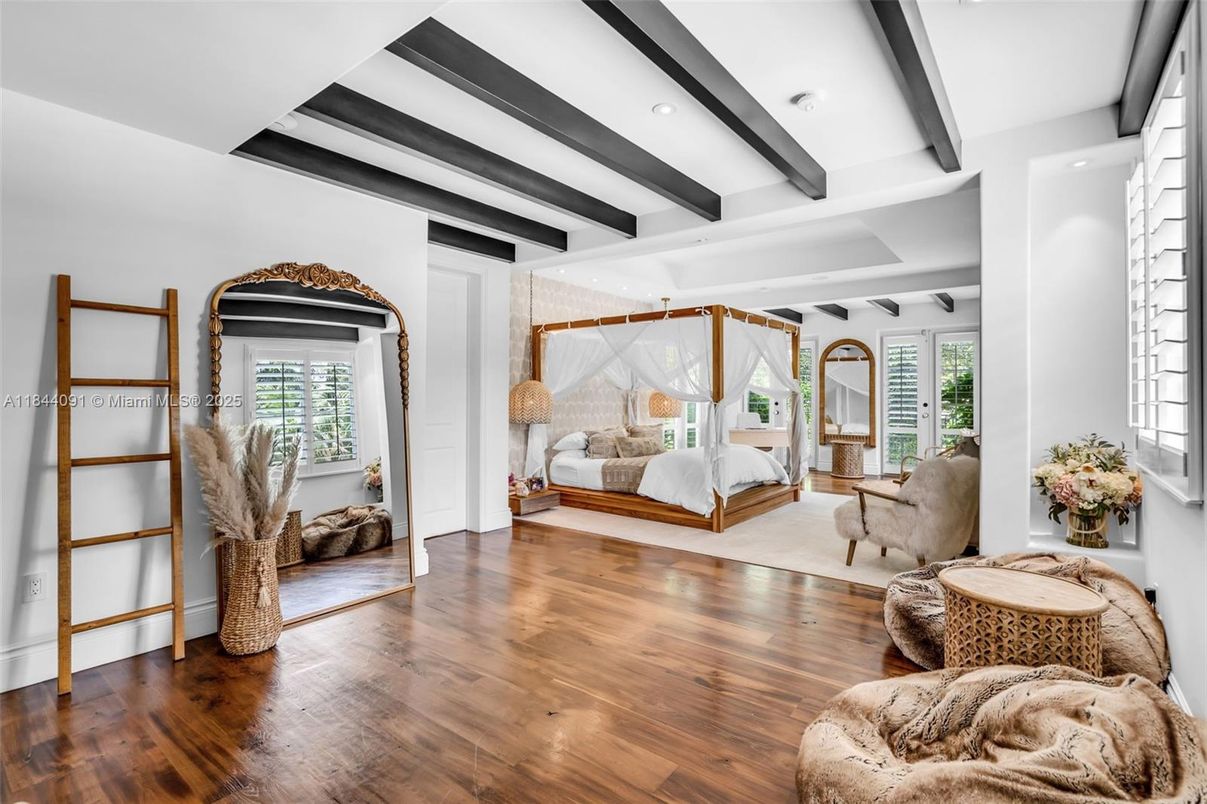 Bedroom, Interior, Recessed Lighting, Wooden Beams, Wood Texture Flooring