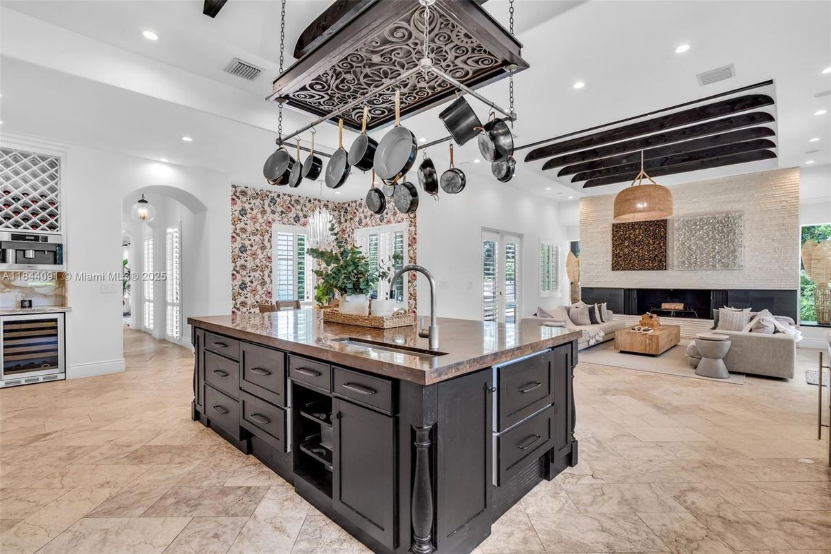 Fireplace, Interior, Kitchen, Living room, Marble, Pendant Lights, Recessed Lighting