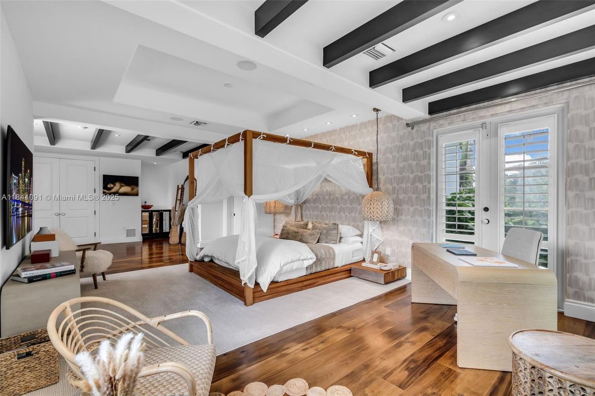Bedroom, Interior, Recessed Lighting, Wooden Beams, Wood Texture Flooring