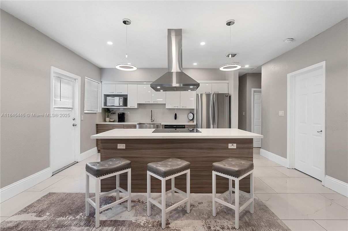 Interior, Kitchen, Marble, Pendant Lights, Recessed Lighting, Stainless Steel Appliances
