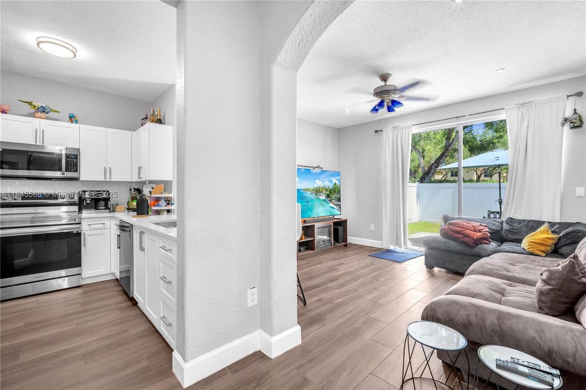 Interior, Kitchen, Living room, Recessed Lighting, Stainless Steel Appliances, Wood Texture Flooring
