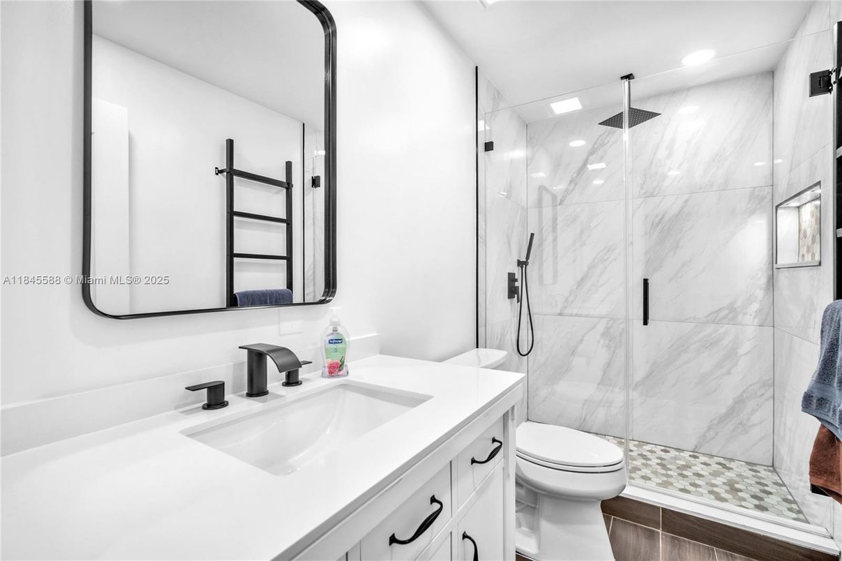 Bathroom, Glass Shower, Interior, Marble Walls, Recessed Lighting