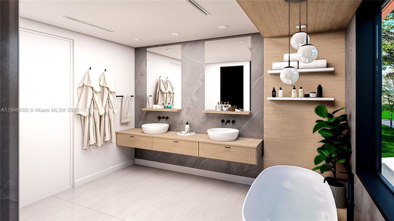 Bathroom, Dual Sink Vanities, Free Standing Baths, Interior, Pendant Lights, Recessed Lighting