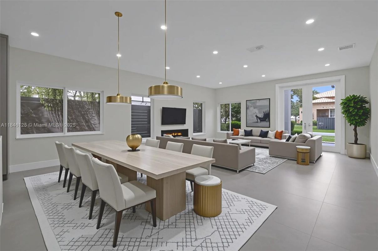 Dining room, Fireplace, Interior, Living room, Pendant Lights, Recessed Lighting